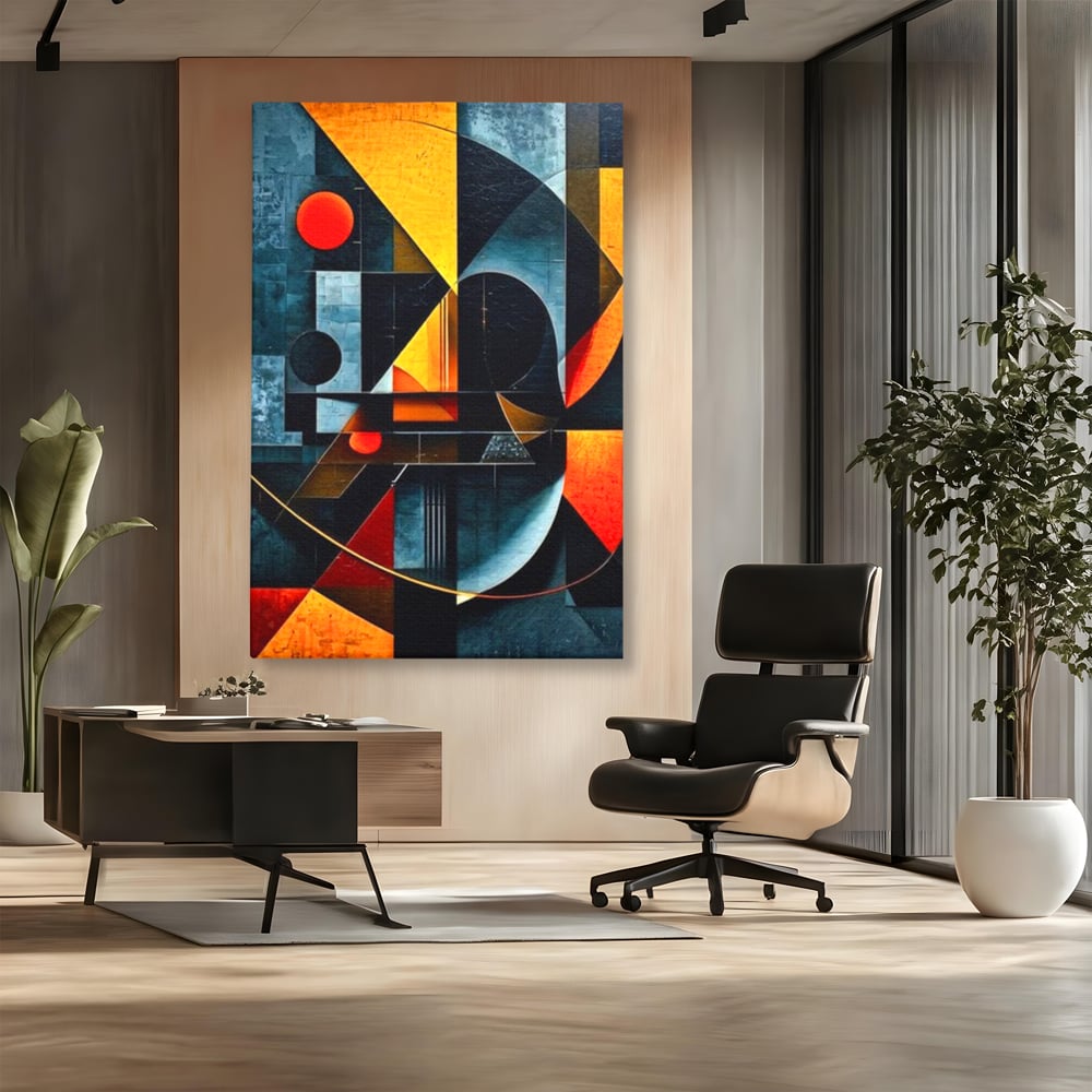 Tablou canvas cu pictura abstracta cu forme geometrice, fara rama, pe sasiu de lemn, pe perete intr-un birou